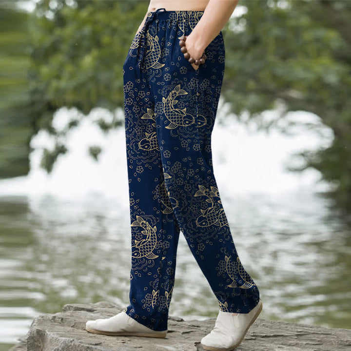 Buddha Stones Herrenhose aus Baumwolle mit goldenem Koi-Fisch- und Blumenmuster, schmal zulaufend und mit Taschen - image 7