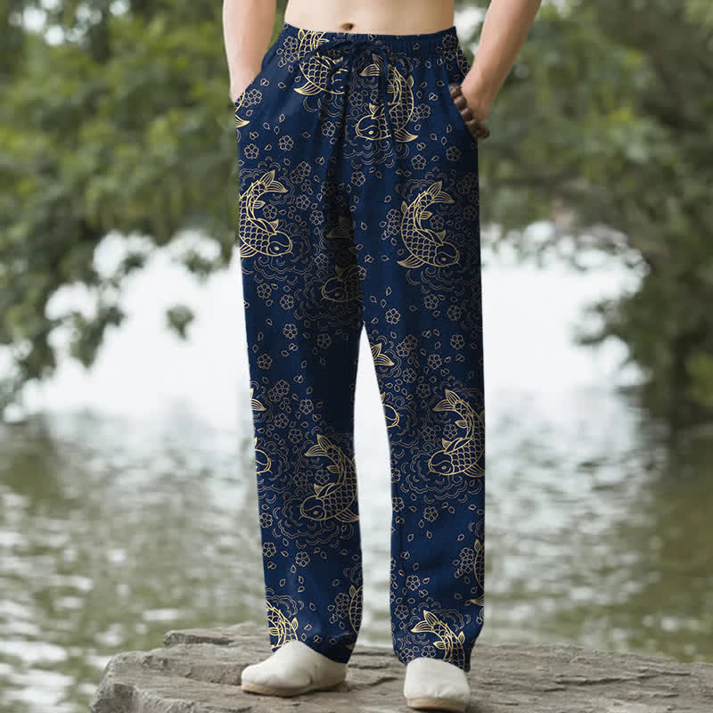 Buddha Stones Herrenhose aus Baumwolle mit goldenem Koi-Fisch- und Blumenmuster, schmal zulaufend und mit Taschen - Marine - US/ UK/AU50, EU60 (5XL) - image 6