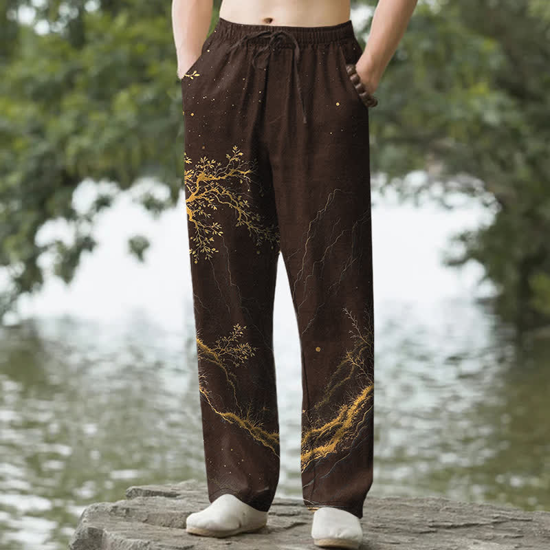 Buddha Stones Herrenhose mit schmal zulaufendem Bein und Taschen, Baumwollmuster aus Zweigen - Sattelbraun - US/ UK/AU50, EU60 (5XL) - image 0