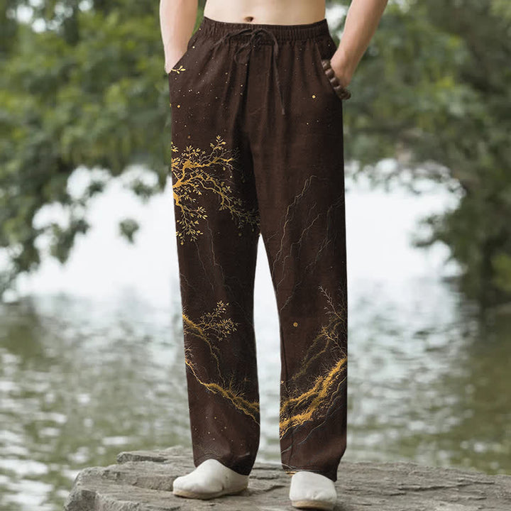 Buddha Stones Herrenhose mit schmal zulaufendem Bein und Taschen, Baumwollmuster aus Zweigen - Sattelbraun - US/ UK/AU50, EU60 (5XL) - image 0