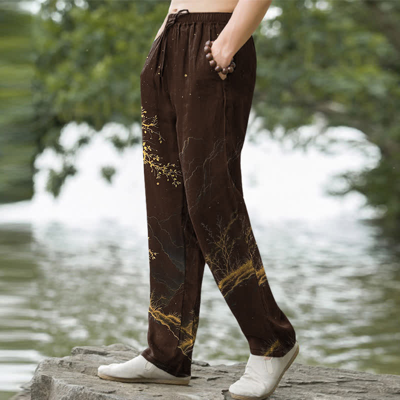 Buddha Stones Herrenhose mit schmal zulaufendem Bein und Taschen, Baumwollmuster aus Zweigen - image 1