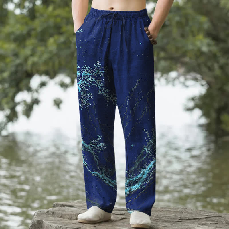 Buddha Stones Herrenhose mit schmal zulaufendem Bein und Taschen, Baumwollmuster aus Zweigen - Marine - US/ UK/AU50, EU60 (5XL) - image 4