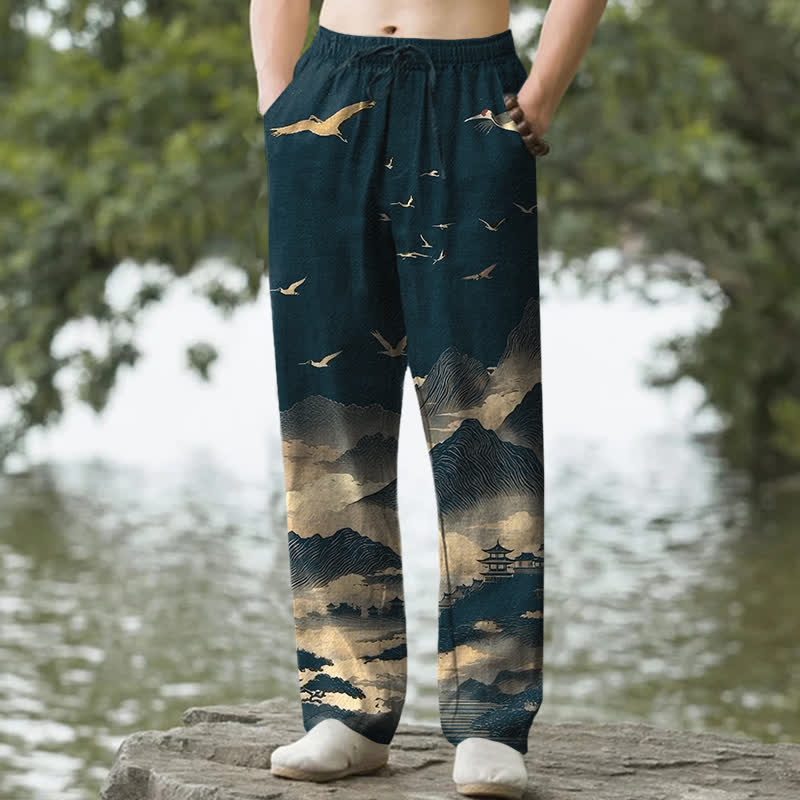 Buddha Stones Herrenhose mit schmal zulaufendem Bein und Taschen, Baumwollmuster „Temple Bird“ von Cotton Mountain - Türkis - US/ UK/AU50, EU60 (5XL) - image 0
