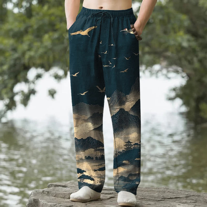Buddha Stones Herrenhose mit schmal zulaufendem Bein und Taschen, Baumwollmuster „Temple Bird“ von Cotton Mountain - Türkis - US/ UK/AU50, EU60 (5XL) - image 0