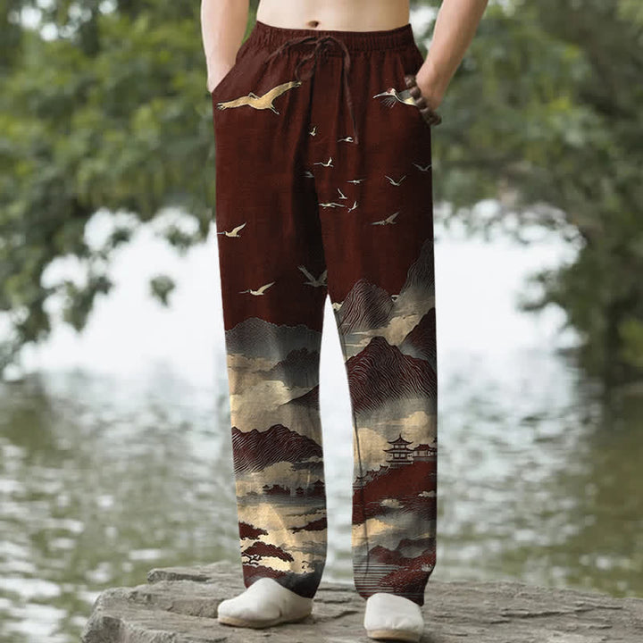 Buddha Stones Herrenhose mit schmal zulaufendem Bein und Taschen, Baumwollmuster „Temple Bird“ von Cotton Mountain - Kastanienbraun - US/ UK/AU50, EU60 (5XL) - image 4