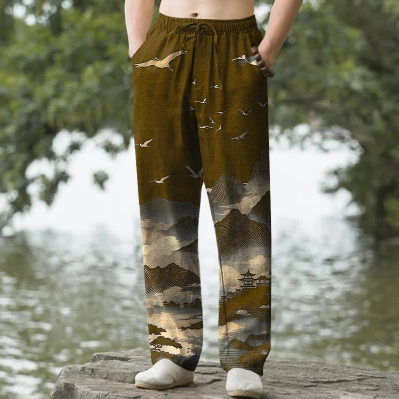 Buddha Stones Herrenhose mit schmal zulaufendem Bein und Taschen, Baumwollmuster „Temple Bird“ von Cotton Mountain - Dunkelgoldenrod - US/ UK/AU50, EU60 (5XL) - image 6