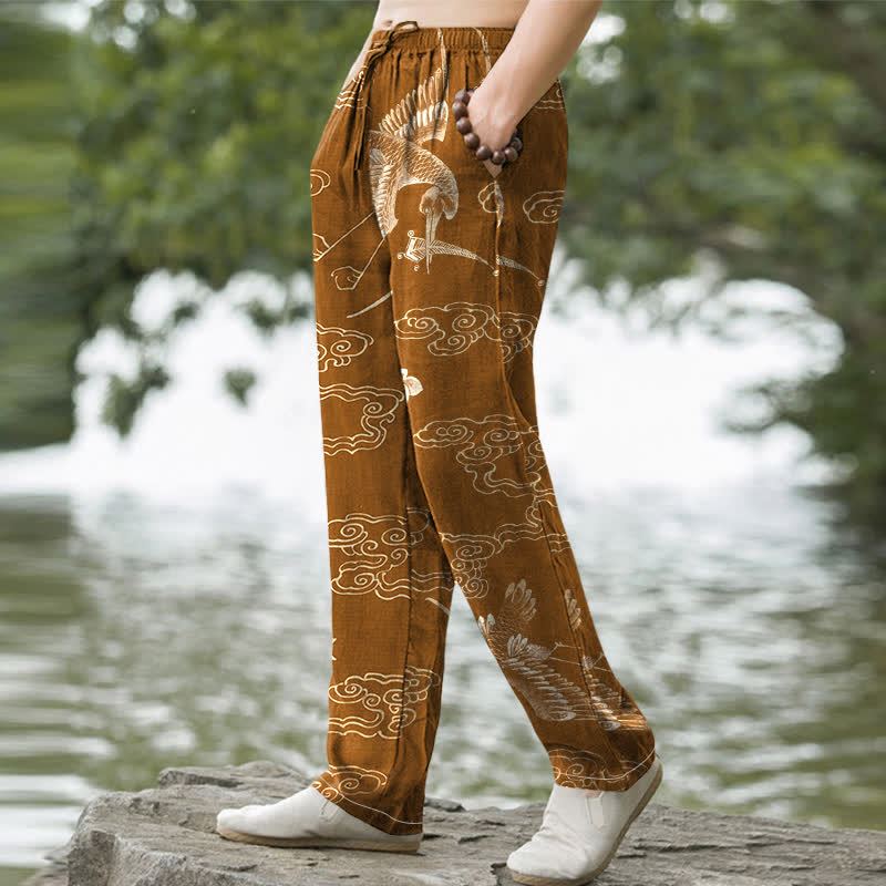 Buddha Stones Herrenhose aus Baumwolle mit Kranich-, Wolken- und Blumenmuster, schmal zulaufend und mit Taschen - image 1