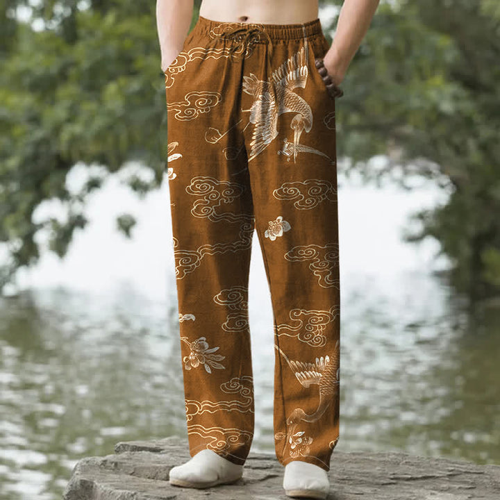 Buddha Stones Herrenhose aus Baumwolle mit Kranich-, Wolken- und Blumenmuster, schmal zulaufend und mit Taschen - Sienna - US/ UK/AU50, EU60 (5XL) - image 0