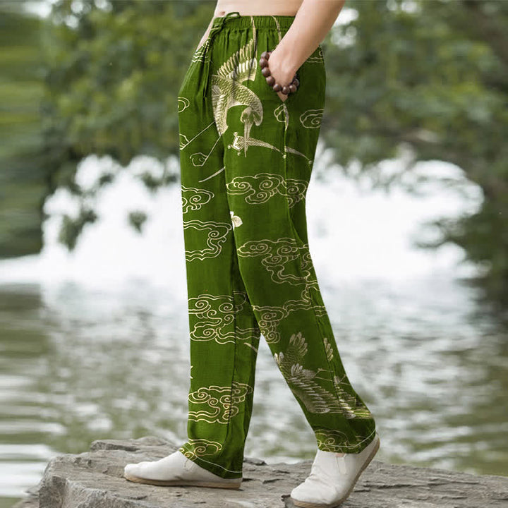 Buddha Stones Herrenhose aus Baumwolle mit Kranich-, Wolken- und Blumenmuster, schmal zulaufend und mit Taschen - image 5