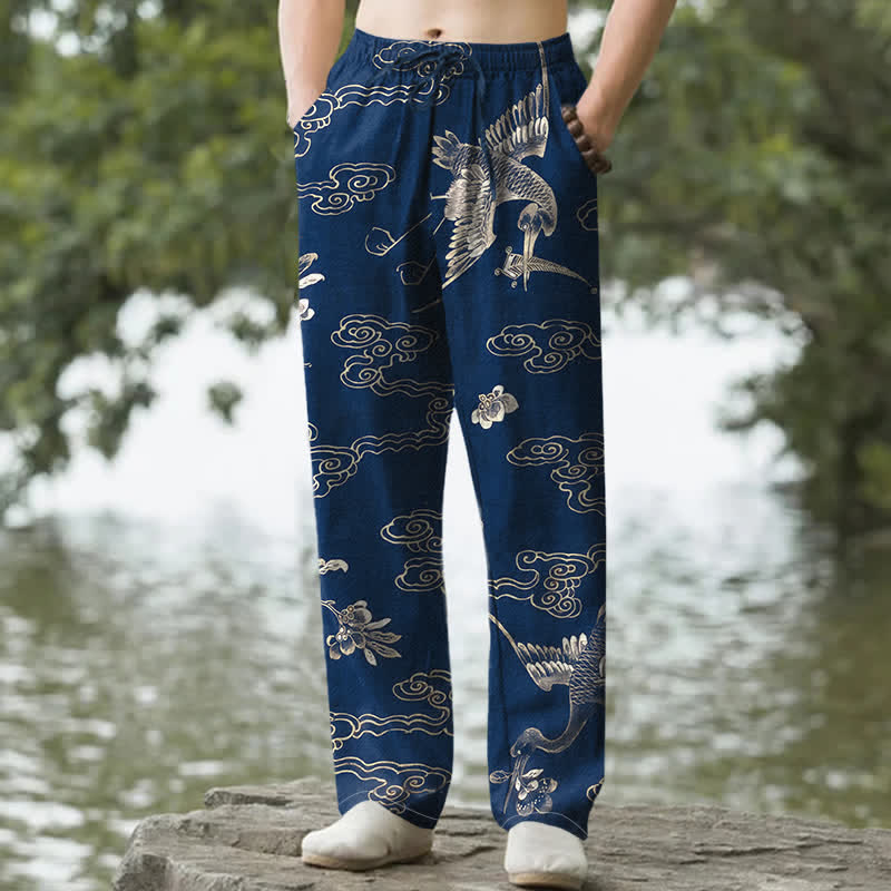 Buddha Stones Herrenhose aus Baumwolle mit Kranich-, Wolken- und Blumenmuster, schmal zulaufend und mit Taschen - Marine - US/ UK/AU50, EU60 (5XL) - image 6