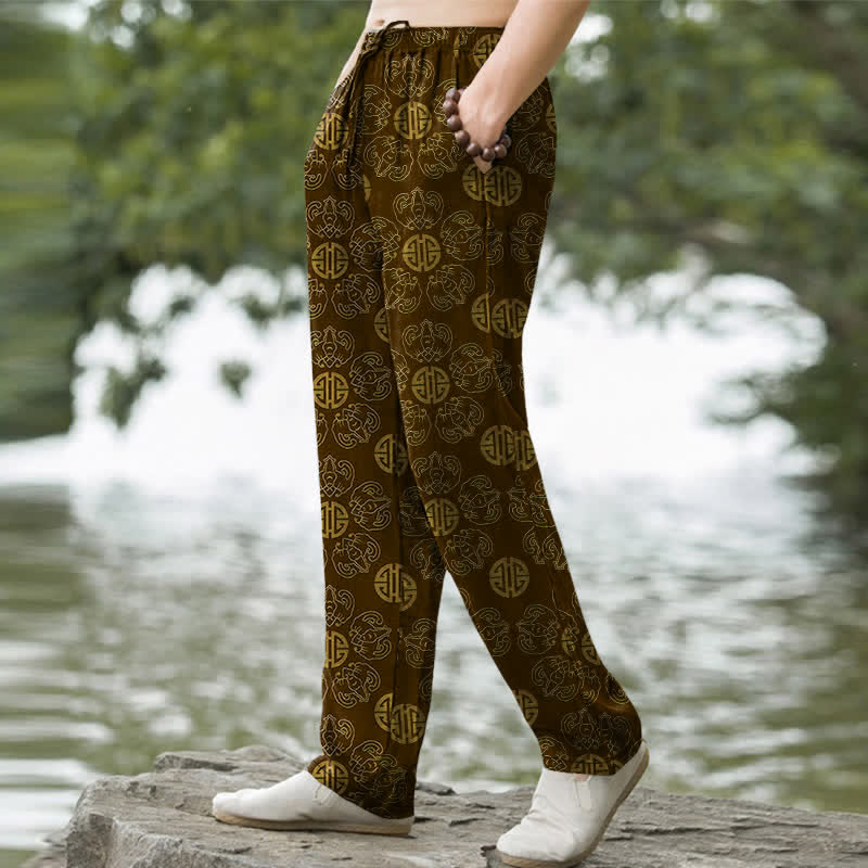 Buddha Stones Baumwollhose für Herren mit rundem Glückssymbol, floralem Muster, schmal zulaufendem Schnitt und Taschen - image 1