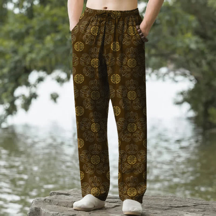 Buddha Stones Baumwollhose für Herren mit rundem Glückssymbol, floralem Muster, schmal zulaufendem Schnitt und Taschen - Sattelbraun - US/ UK/AU50, EU60 (5XL) - image 0