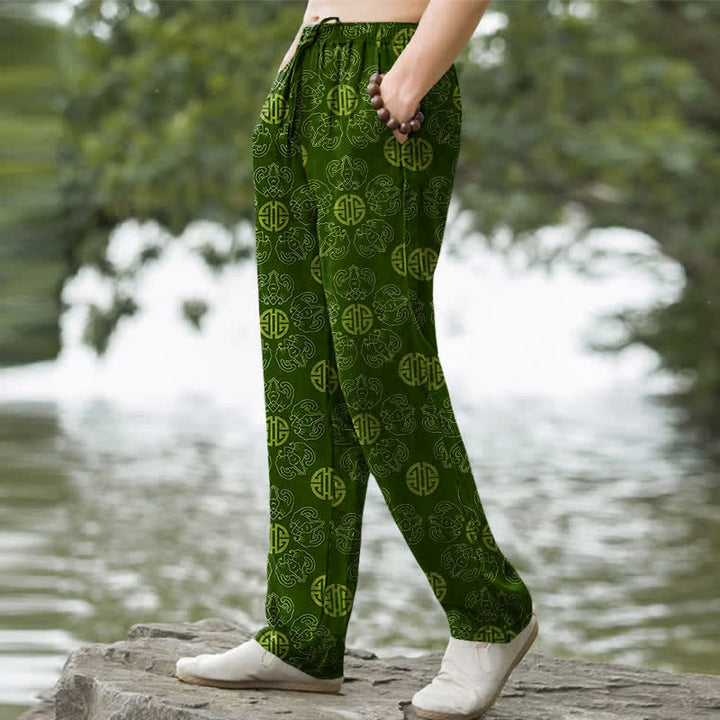 Buddha Stones Baumwollhose für Herren mit rundem Glückssymbol, floralem Muster, schmal zulaufendem Schnitt und Taschen - image 5