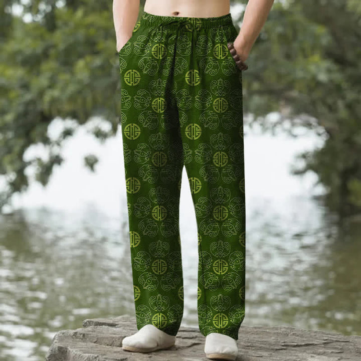 Buddha Stones Baumwollhose für Herren mit rundem Glückssymbol, floralem Muster, schmal zulaufendem Schnitt und Taschen - Waldgrün - US/ UK/AU50, EU60 (5XL) - image 4