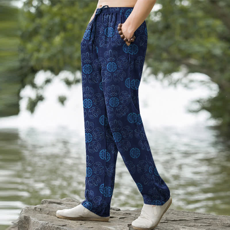 Buddha Stones Baumwollhose für Herren mit rundem Glückssymbol, floralem Muster, schmal zulaufendem Schnitt und Taschen - image 7