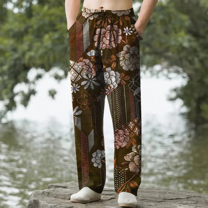 Buddha Stones Herrenhose aus Baumwolle mit böhmischem Blumen-Patchworkmuster, schmal zulaufend und mit Taschen - Sattelbraun - US/ UK/AU50, EU60 (5XL) - image 4