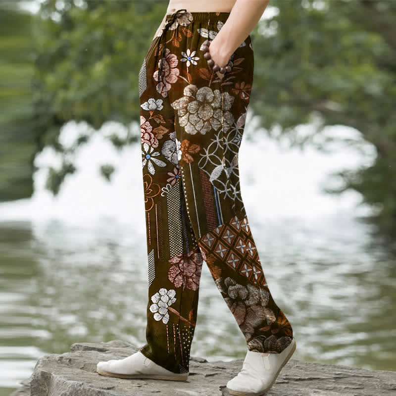 Buddha Stones Herrenhose aus Baumwolle mit böhmischem Blumen-Patchworkmuster, schmal zulaufend und mit Taschen - image 5