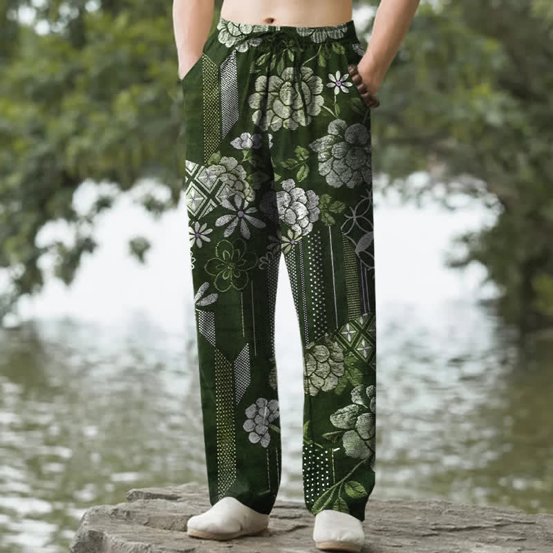 Buddha Stones Herrenhose aus Baumwolle mit böhmischem Blumen-Patchworkmuster, schmal zulaufend und mit Taschen - Waldgrün - US/ UK/AU50, EU60 (5XL) - image 6