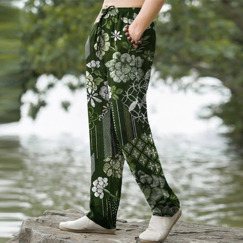 Buddha Stones Herrenhose aus Baumwolle mit böhmischem Blumen-Patchworkmuster, schmal zulaufend und mit Taschen - image 7