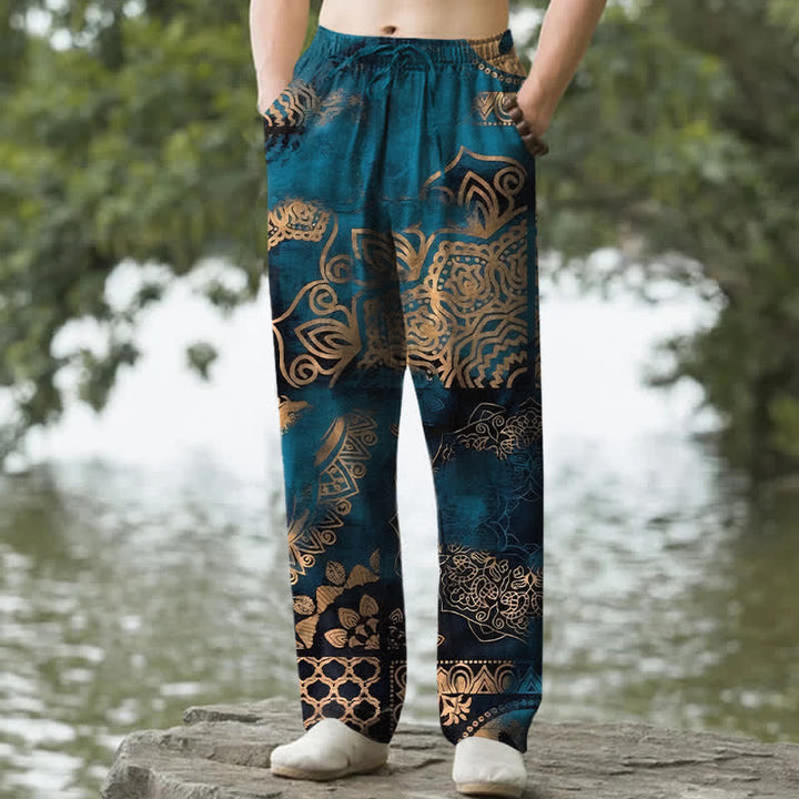 Buddha Stones Herrenhose aus Baumwolle mit geometrischem Mandala-Muster, schmal zulaufendem Schnitt und Taschen - Türkis - US/ UK/AU50, EU60 (5XL) - image 0