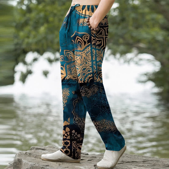 Buddha Stones Herrenhose aus Baumwolle mit geometrischem Mandala-Muster, schmal zulaufendem Schnitt und Taschen - image 1