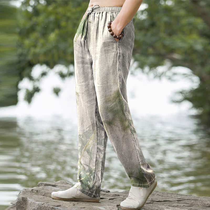Buddha Stones Herrenhose mit schmal zulaufendem Bein und Taschen, aus gewaschenem Baumwollstoff mit Bambusmuster - image 1