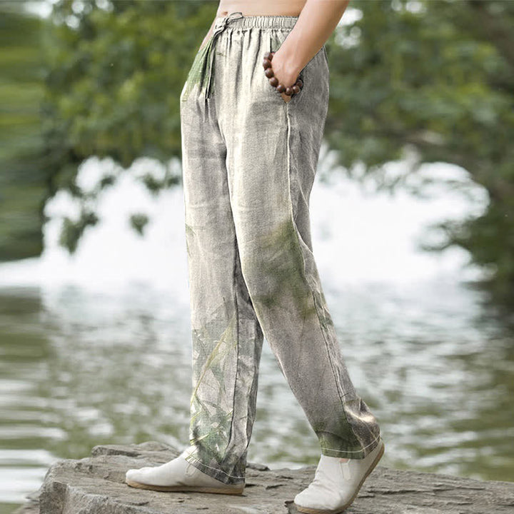 Buddha Stones Herrenhose mit schmal zulaufendem Bein und Taschen, aus gewaschenem Baumwollstoff mit Bambusmuster - image 1