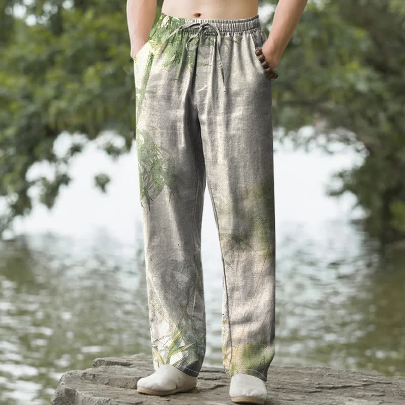 Buddha Stones Herrenhose mit schmal zulaufendem Bein und Taschen, aus gewaschenem Baumwollstoff mit Bambusmuster - Hellgrün - US/ UK/AU50, EU60 (5XL) - image 0