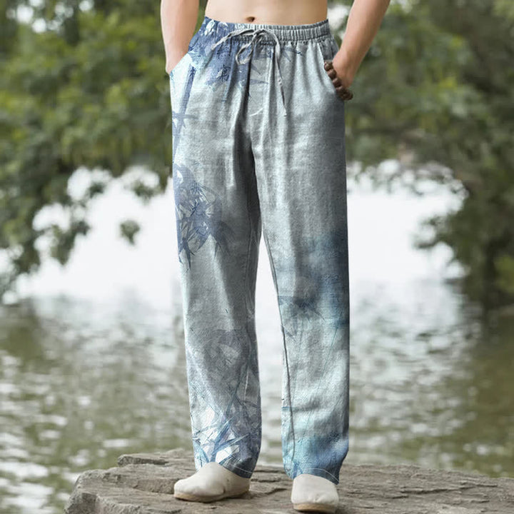 Buddha Stones Herrenhose mit schmal zulaufendem Bein und Taschen, aus gewaschenem Baumwollstoff mit Bambusmuster - Hellblau - US/ UK/AU50, EU60 (5XL) - image 4