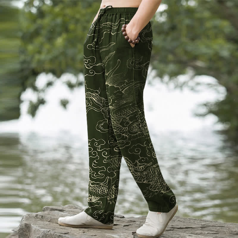 Buddha Stones Herren-Hose aus Baumwolle mit schmal zulaufendem Bein und Taschen, Muster: Fliegender Drache „Chasing The Sun“ - image 1