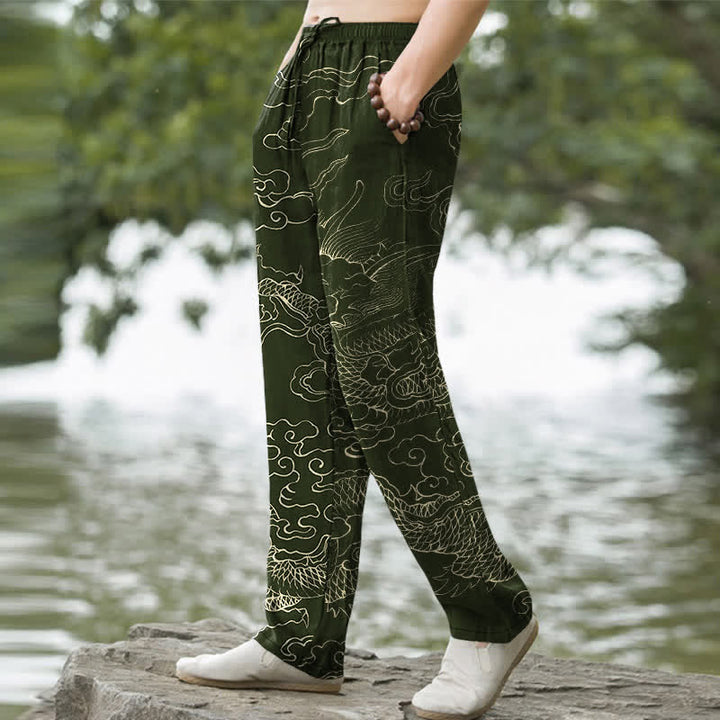 Buddha Stones Herren-Hose aus Baumwolle mit schmal zulaufendem Bein und Taschen, Muster: Fliegender Drache „Chasing The Sun“ - image 1