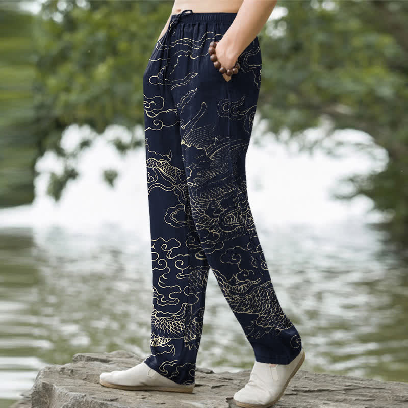 Buddha Stones Herren-Hose aus Baumwolle mit schmal zulaufendem Bein und Taschen, Muster: Fliegender Drache „Chasing The Sun“ - image 7