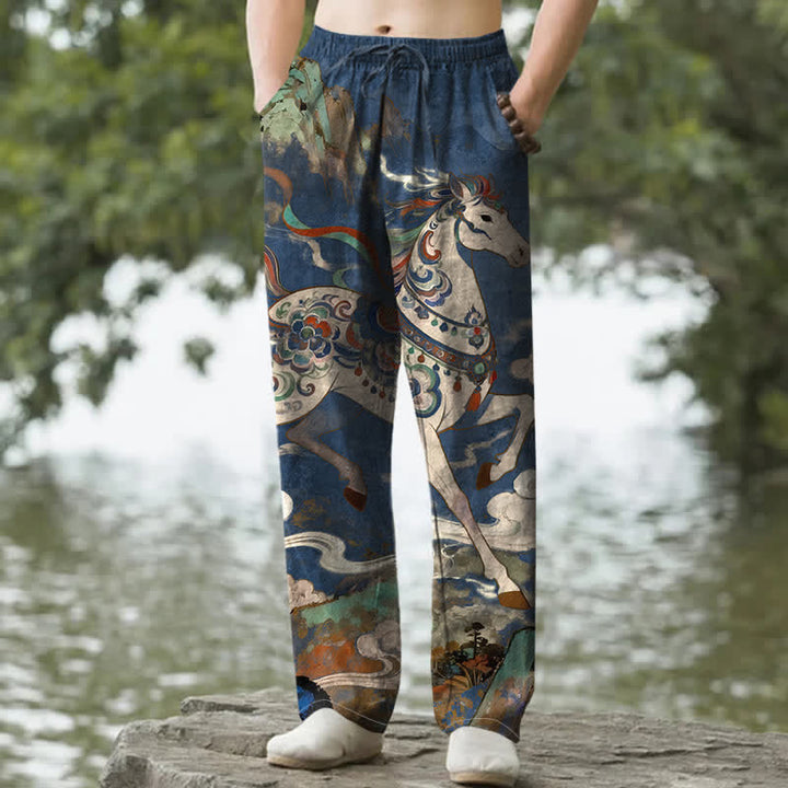 Buddha Stones Baumwollhose im Vintage-Stil mit buntem Pferde-Galoppmuster, schmal zulaufender Schnitt und Taschen für Herren - Marine - US/ UK/AU50, EU60 (5XL) - image 0