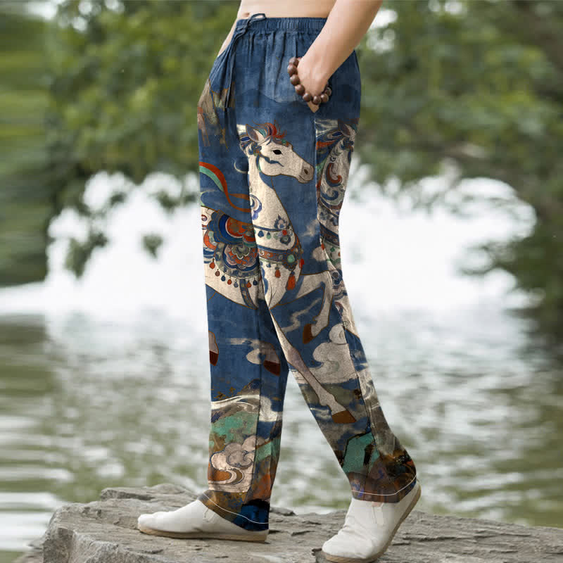 Buddha Stones Baumwollhose im Vintage-Stil mit buntem Pferde-Galoppmuster, schmal zulaufender Schnitt und Taschen für Herren - image 1