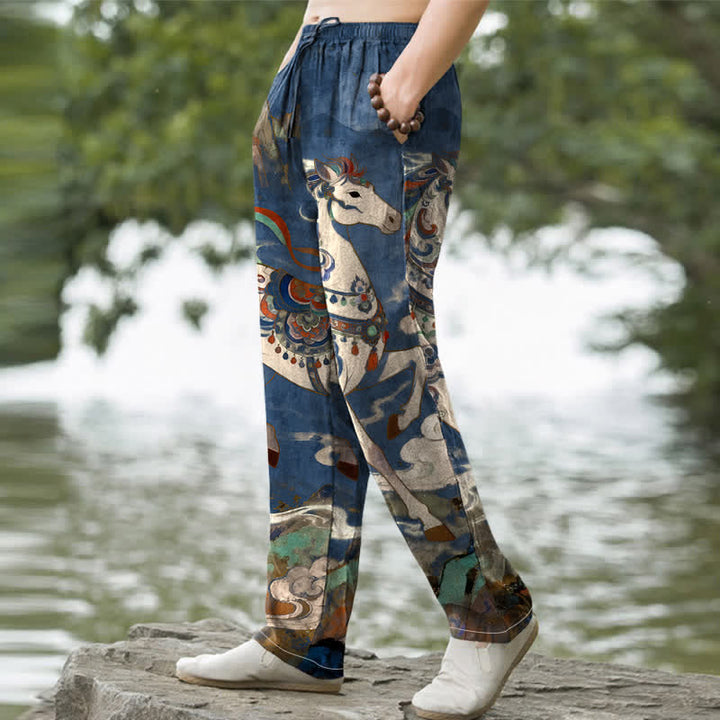 Buddha Stones Baumwollhose im Vintage-Stil mit buntem Pferde-Galoppmuster, schmal zulaufender Schnitt und Taschen für Herren - image 1