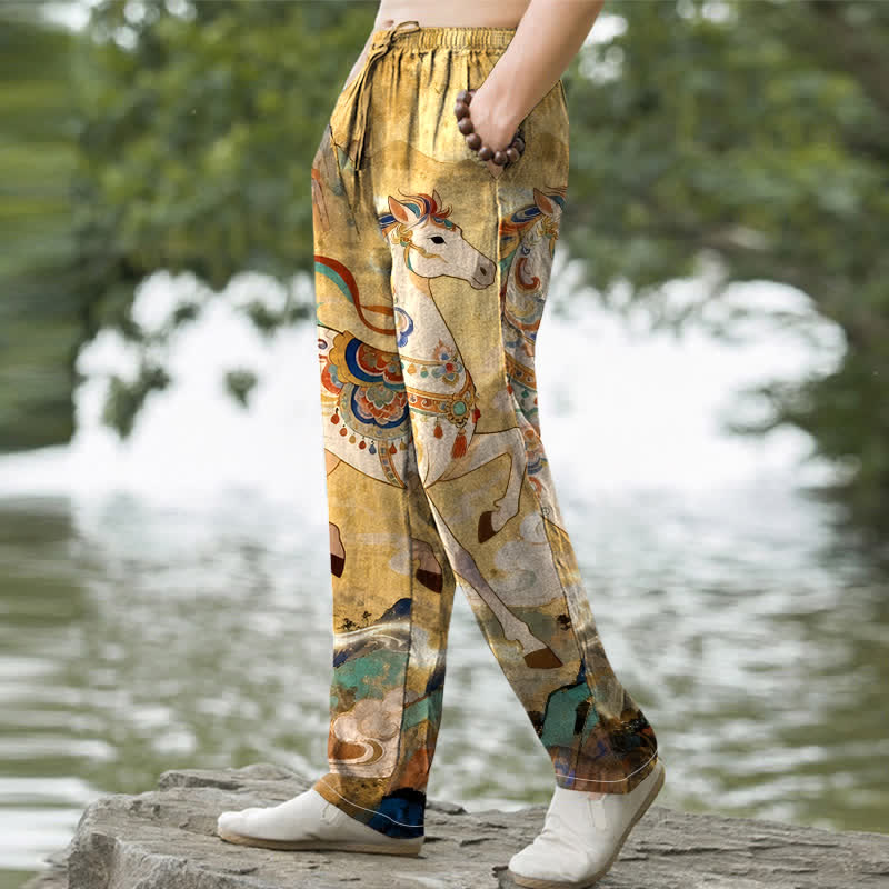 Buddha Stones Baumwollhose im Vintage-Stil mit buntem Pferde-Galoppmuster, schmal zulaufender Schnitt und Taschen für Herren - image 5