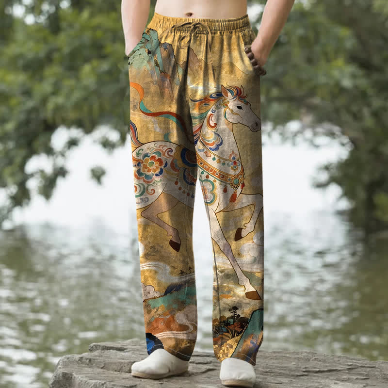 Buddha Stones Baumwollhose im Vintage-Stil mit buntem Pferde-Galoppmuster, schmal zulaufender Schnitt und Taschen für Herren - Gold - US/ UK/AU50, EU60 (5XL) - image 4