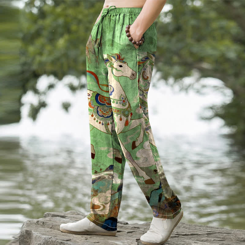Buddha Stones Baumwollhose im Vintage-Stil mit buntem Pferde-Galoppmuster, schmal zulaufender Schnitt und Taschen für Herren - image 7