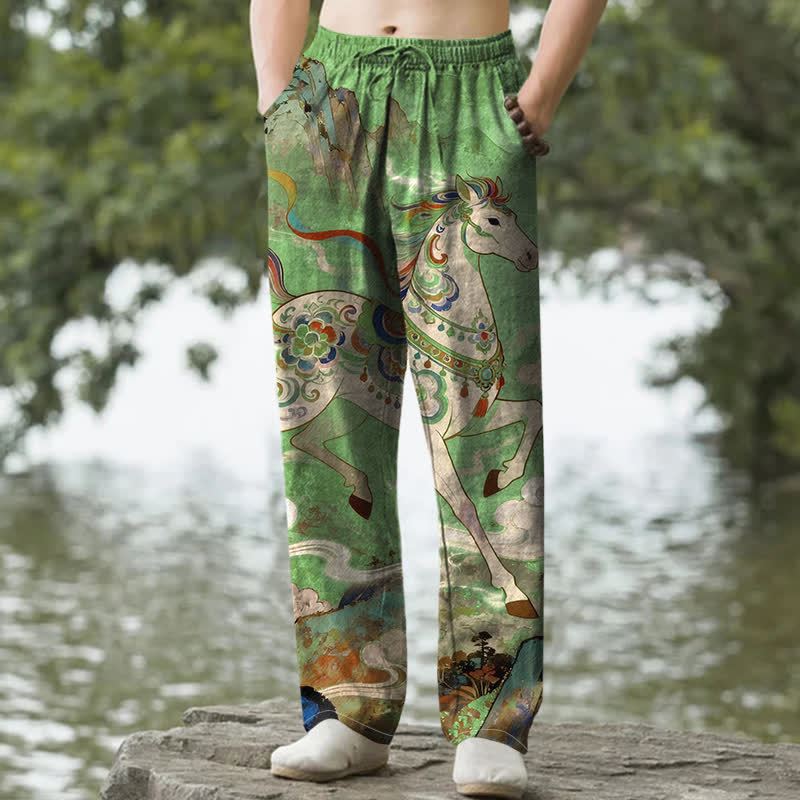 Buddha Stones Baumwollhose im Vintage-Stil mit buntem Pferde-Galoppmuster, schmal zulaufender Schnitt und Taschen für Herren - Limettengrün - US/ UK/AU50, EU60 (5XL) - image 6