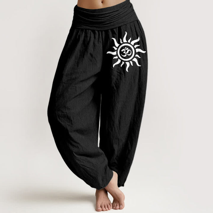Buddha Stones Damen-Haremshose aus reiner Baumwolle mit Sonnen-Om-Muster und elastischem Bund - Schwarz - US16, UK/AU20, EU48 (3XL) - image 0