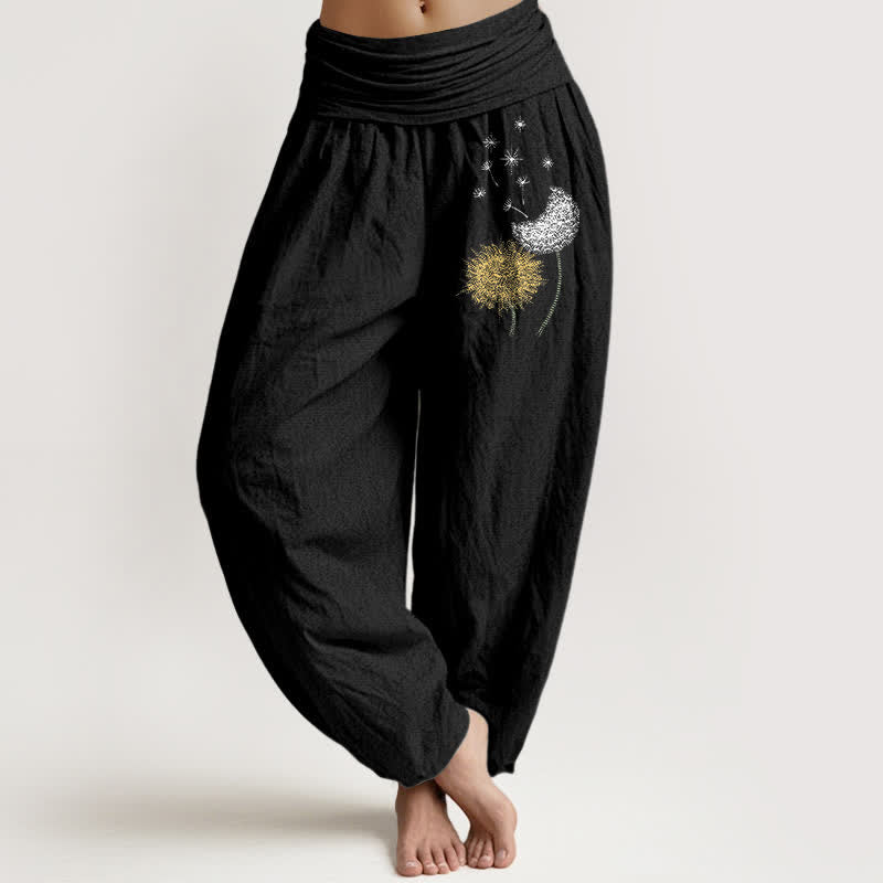 Buddha Stones Damen-Haremshose aus reiner Baumwolle mit Löwenzahnblütenmuster und elastischem Bund - Schwarz - US16, UK/AU20, EU48 (3XL) - image 0