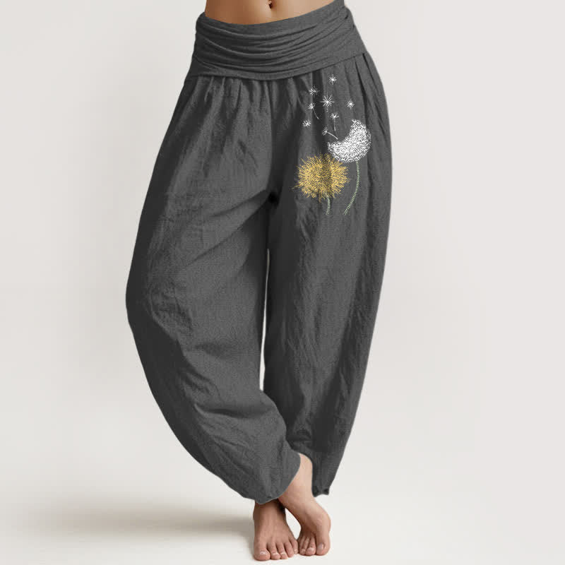 Buddha Stones Damen-Haremshose aus reiner Baumwolle mit Löwenzahnblütenmuster und elastischem Bund - DimGray - US16, UK/AU20, EU48 (3XL) - image 8