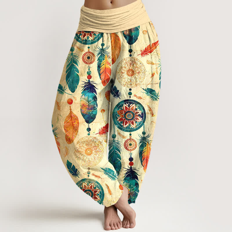 Buddha Stones Damen-Haremshose aus reiner Baumwolle mit Traumfänger-Federmuster und elastischem Bund - Weizen - US16, UK/AU20, EU48 (3XL) - image 0