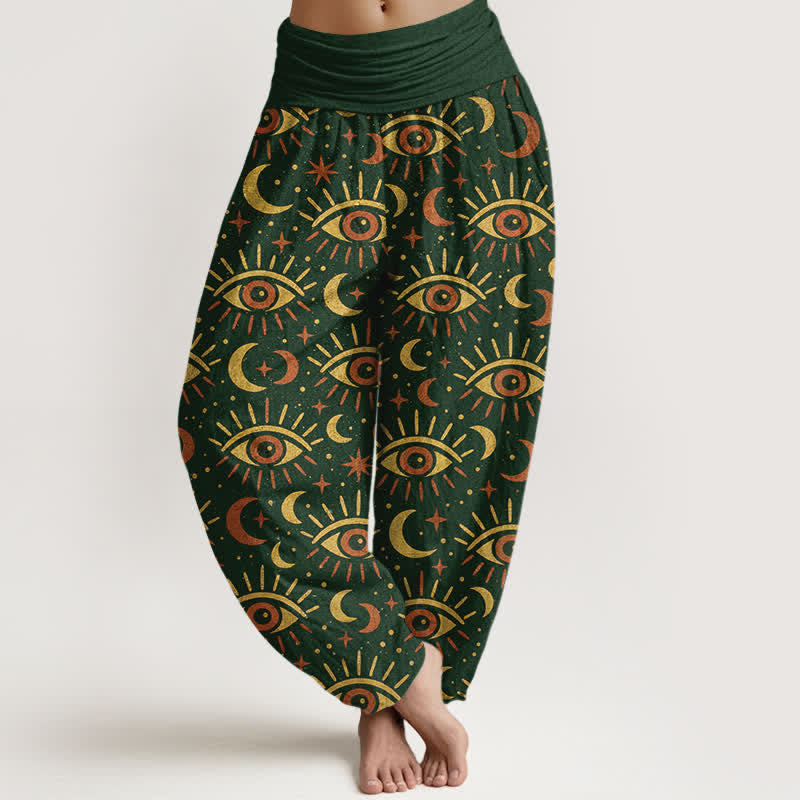 Buddha Stones Baumwoll-Haremshose mit mystischem Augen-Mondmuster und elastischem Bund für Damen - Dunkelgrün - US16, UK/AU20, EU48 (3XL) - image 0