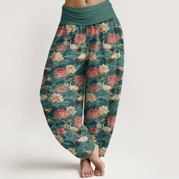 Buddha Stones Baumwoll-Haremshose mit Lotus-Kranich-Muster und elastischem Bund für Damen - Türkis - US16, UK/AU20, EU48 (3XL) - image 0