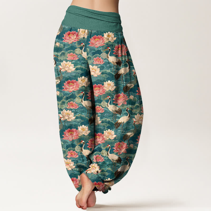 Buddha Stones Baumwoll-Haremshose mit Lotus-Kranich-Muster und elastischem Bund für Damen - image 2