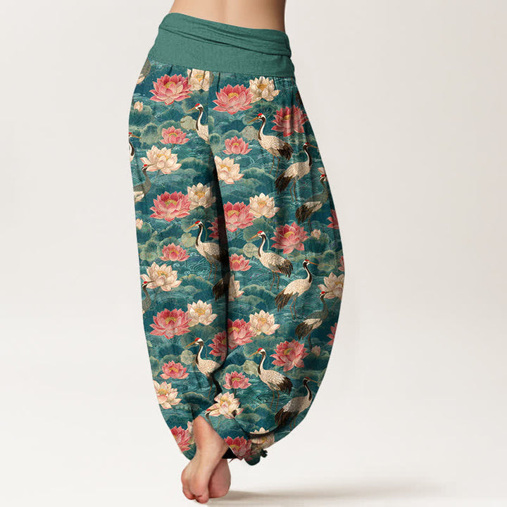 Buddha Stones Baumwoll-Haremshose mit Lotus-Kranich-Muster und elastischem Bund für Damen - image 2
