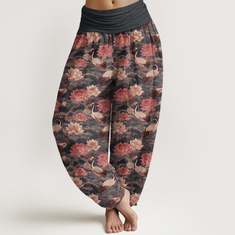 Buddha Stones Baumwoll-Haremshose mit Lotus-Kranich-Muster und elastischem Bund für Damen - DimGray - US16, UK/AU20, EU48 (3XL) - image 5