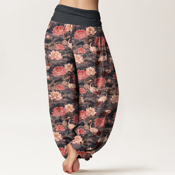 Buddha Stones Baumwoll-Haremshose mit Lotus-Kranich-Muster und elastischem Bund für Damen - image 7