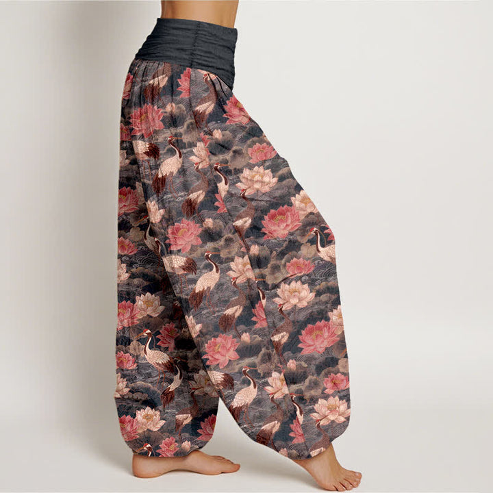 Buddha Stones Baumwoll-Haremshose mit Lotus-Kranich-Muster und elastischem Bund für Damen - image 6